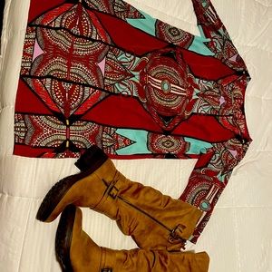 Fall boutique outfit. Boots are size 8.  Dress is large